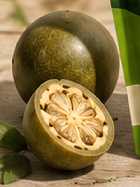 Whole and halved monk fruit — a small green melon native to Southeast Asia